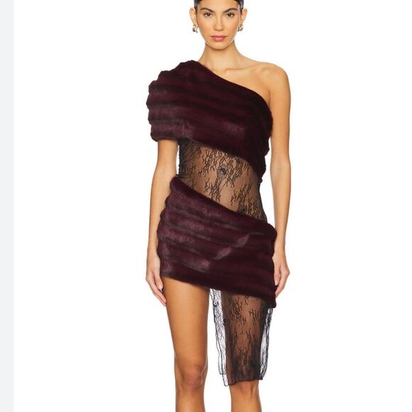 Kim Shui Dresses & Skirts - Kim Shui Aubergine Faux Fur Dress Deep Burgundy One-Shoulder mini Revolve M